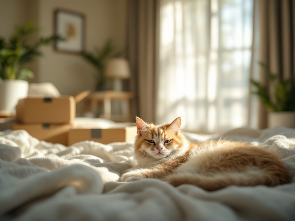新居のブランケットの上でくつろぐ猫。奥に開けていない段ボール箱が残る