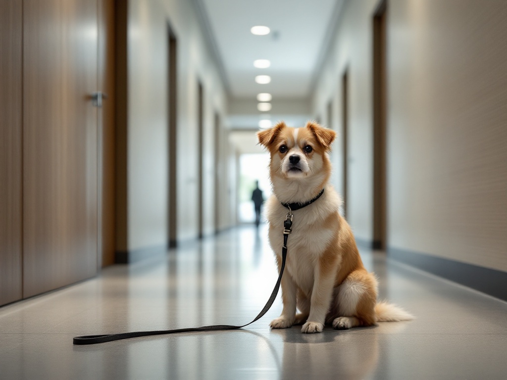 マンションの共用廊下で、リードをつけて落ち着いて座る小型犬