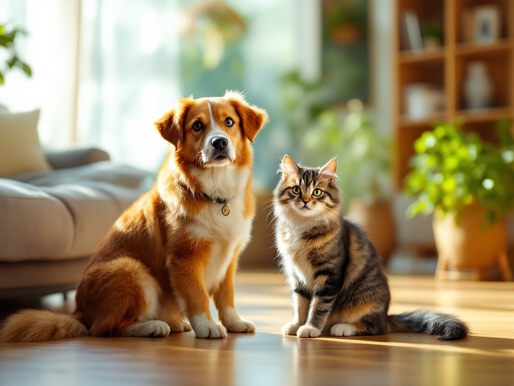 明るいリビングの床に並んで座る犬と猫