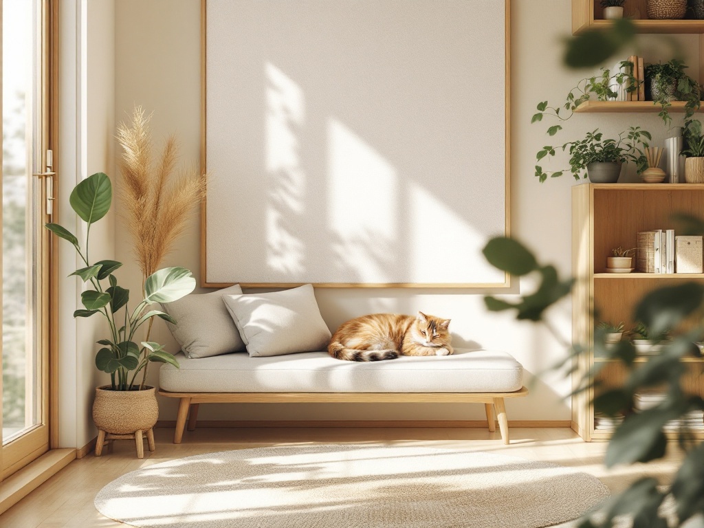 自然光の入る落ち着いたリビングの一角でくつろぐ猫