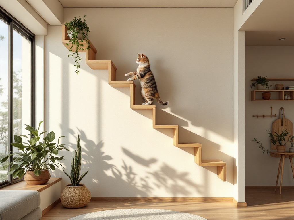 壁に取り付けたキャットステップを登る猫。上下運動を楽しめる猫と暮らす家